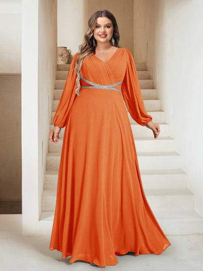 A-Line/Princess V-Neck Floor-Length Plus Size Bridesmaid Dresses With Sash