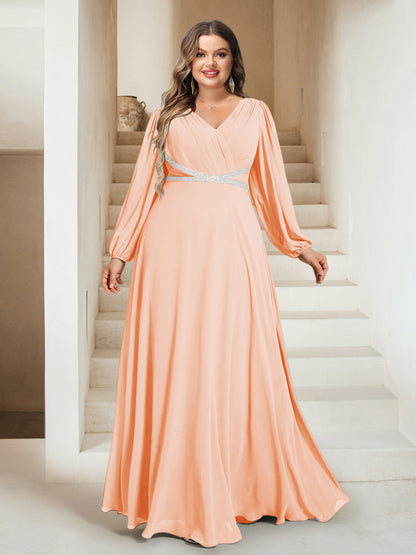 A-Line/Princess V-Neck Floor-Length Plus Size Bridesmaid Dresses With Sash
