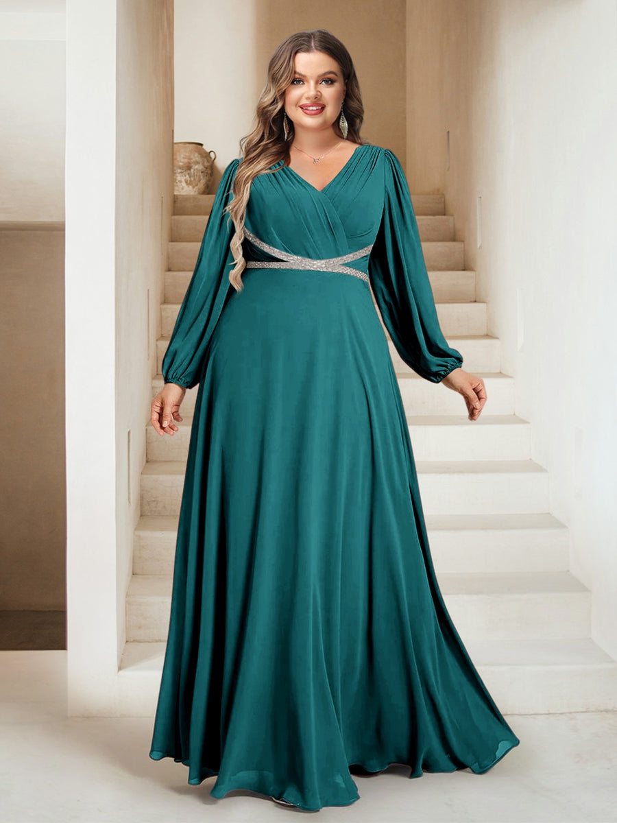 A-Line/Princess V-Neck Floor-Length Plus Size Bridesmaid Dresses With Sash