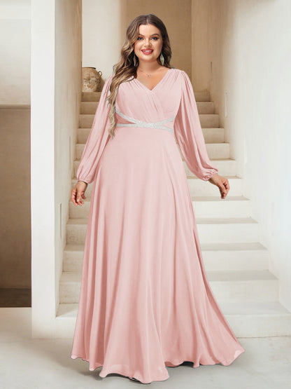 A-Line/Princess V-Neck Floor-Length Plus Size Bridesmaid Dresses With Sash
