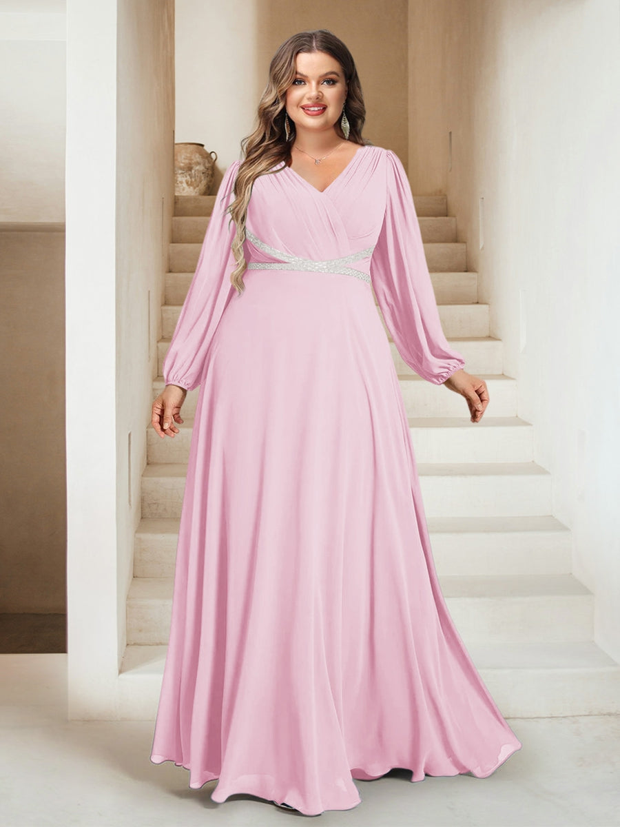 A-Line/Princess V-Neck Floor-Length Plus Size Bridesmaid Dresses With Sash