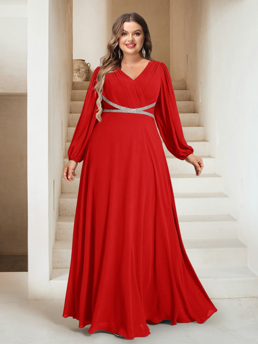 A-Line/Princess V-Neck Floor-Length Plus Size Bridesmaid Dresses With Sash