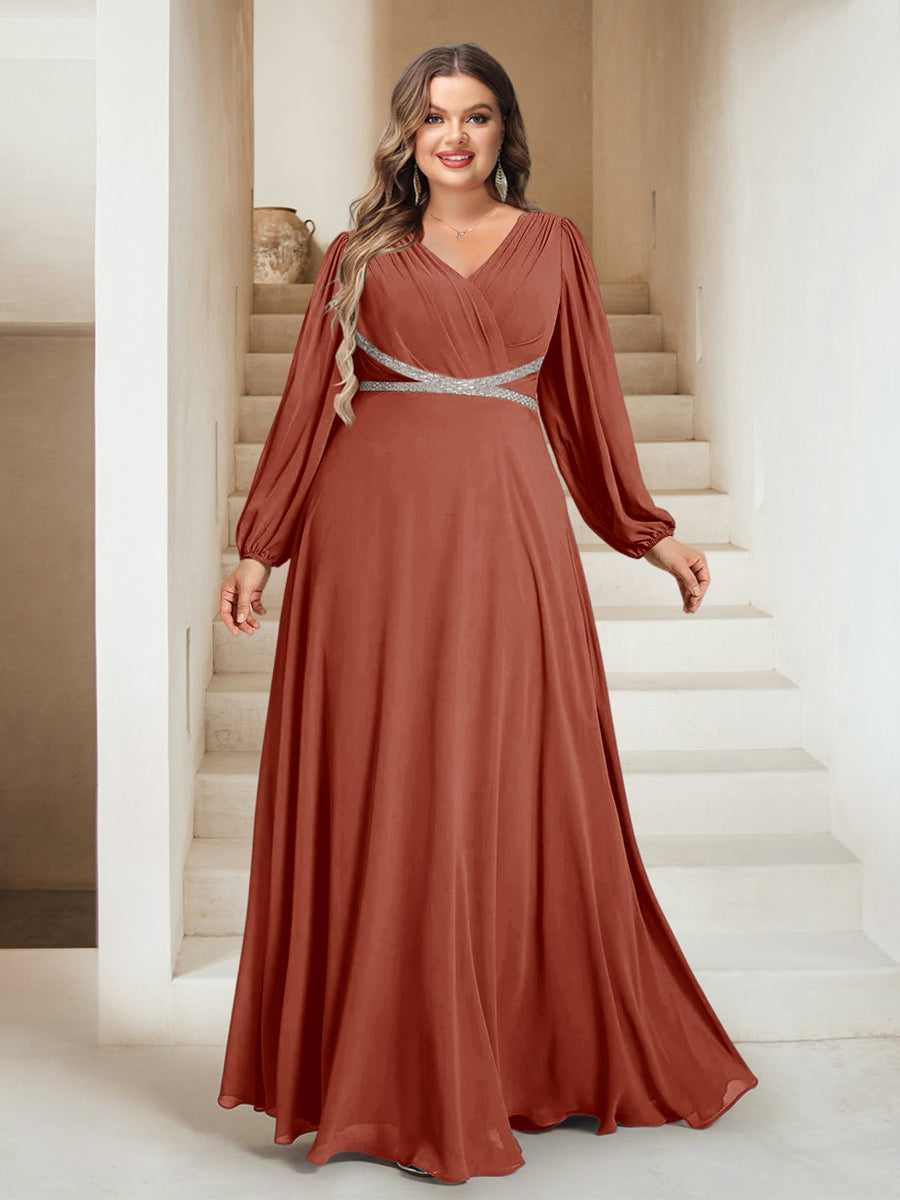 A-Line/Princess V-Neck Floor-Length Plus Size Bridesmaid Dresses With Sash