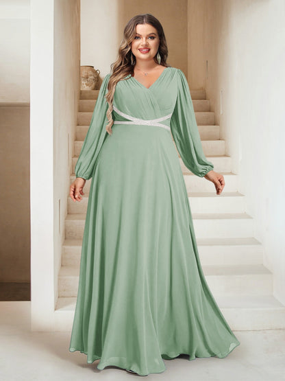 A-Line/Princess V-Neck Floor-Length Plus Size Bridesmaid Dresses With Sash