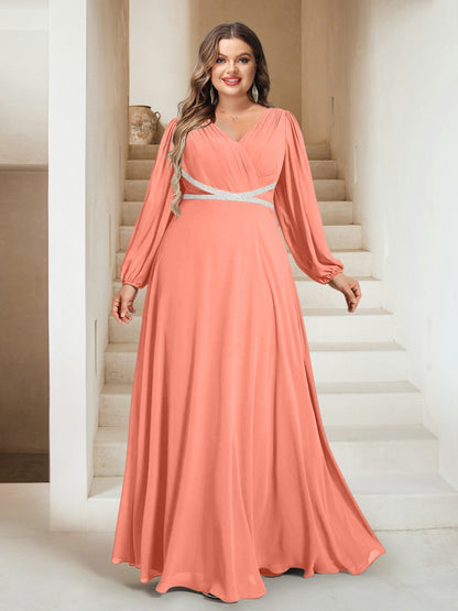 A-Line/Princess V-Neck Floor-Length Plus Size Bridesmaid Dresses With Sash
