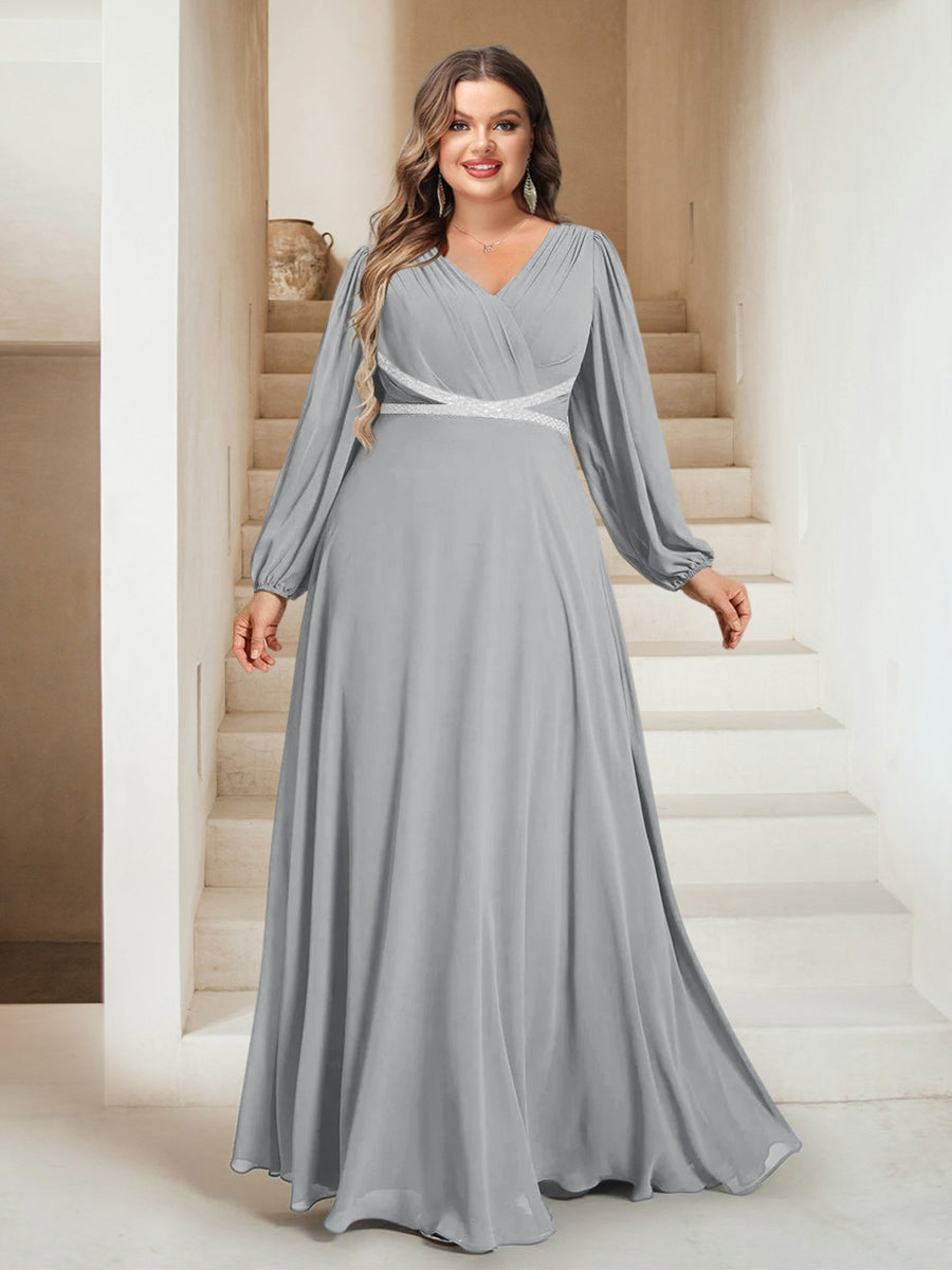 A-Line/Princess V-Neck Floor-Length Plus Size Bridesmaid Dresses With Sash