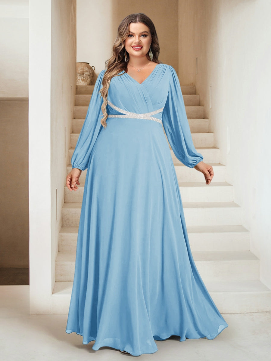 A-Line/Princess V-Neck Floor-Length Plus Size Bridesmaid Dresses With Sash