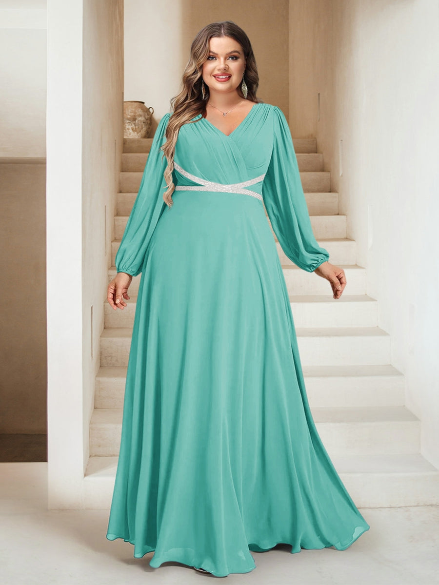 A-Line/Princess V-Neck Floor-Length Plus Size Bridesmaid Dresses With Sash