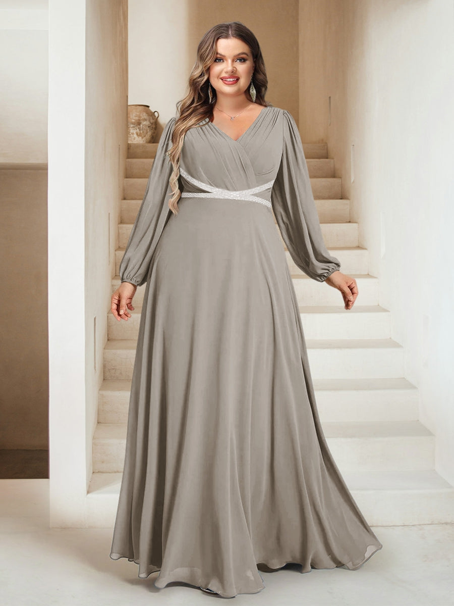 A-Line/Princess V-Neck Floor-Length Plus Size Bridesmaid Dresses With Sash