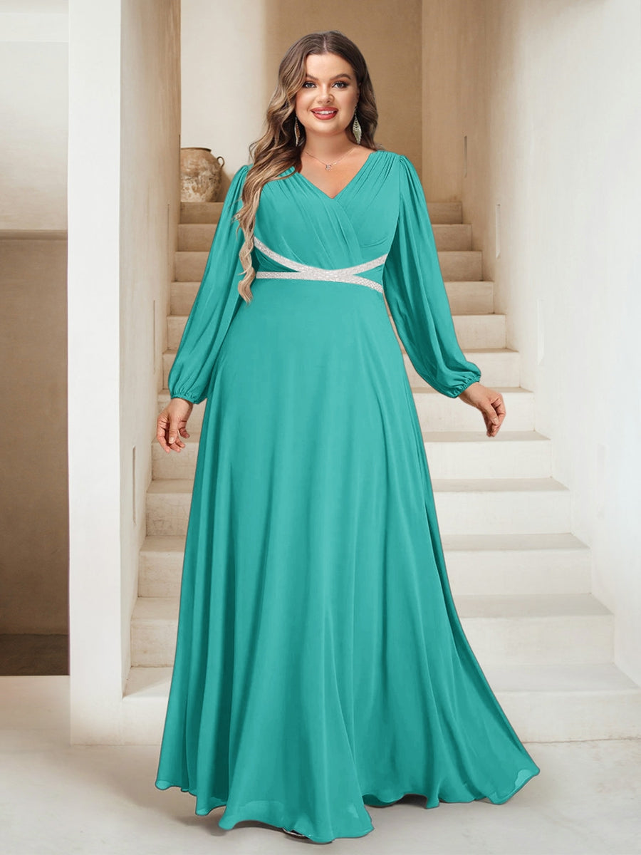 A-Line/Princess V-Neck Floor-Length Plus Size Bridesmaid Dresses With Sash