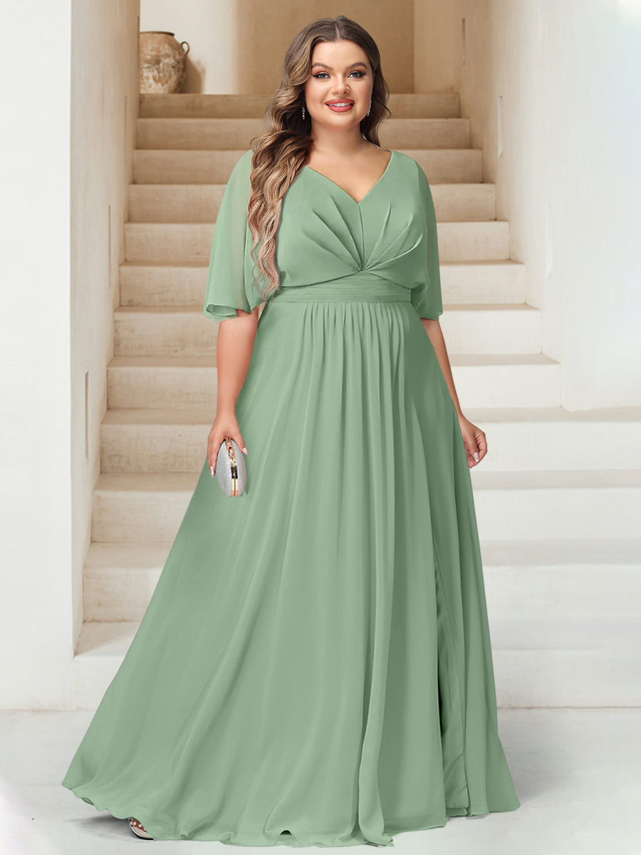 A-Line/Princess V-Neck Floor-Length Backless Plus Size Bridesmaid Dresses