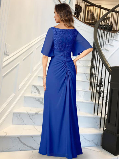 Sheath/Column V-Neck Half Sleeves Ruched Long Formal Evening Dresses with Ruffles