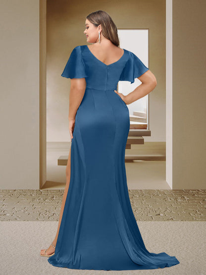 Trumpet/Mermaid V-Neck Short Sleeves Ruched Plus Size Bridesmaid Dresses with Split Side & Ruffles