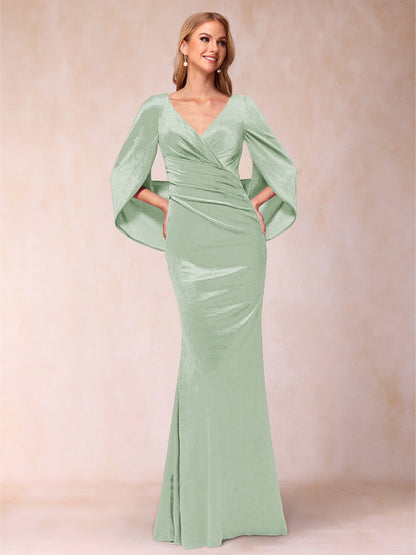 Trumpet/Mermaid V-Neck Half Sleeves Floor-Length Evening Dresses
