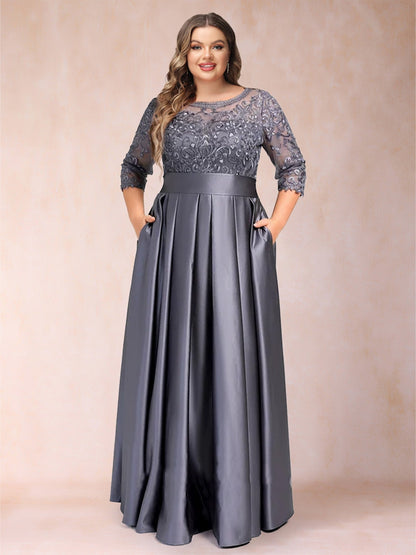 A-Line/Princess Floor-Length 3/4 Sleeves Scoop Plus Size Mother of the Bride Dresses