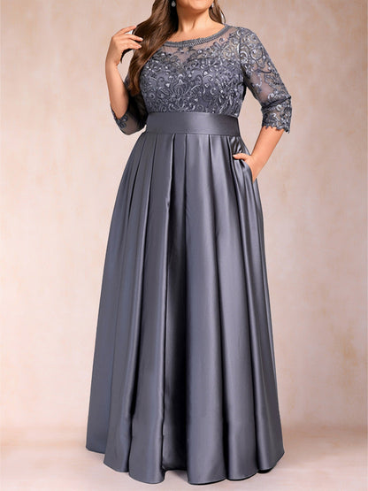 A-Line/Princess Floor-Length 3/4 Sleeves Scoop Plus Size Mother of the Bride Dresses