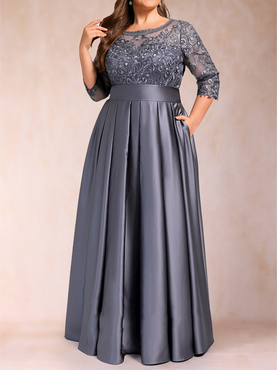 A-Line/Princess Floor-Length 3/4 Sleeves Scoop Plus Size Mother of the Bride Dresses