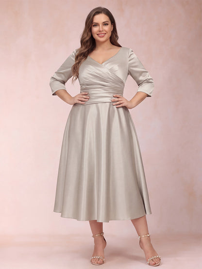 A-Line/Princess Tea-Length 3/4 Sleeves V-Neck Plus Size Mother of the Bride Dresses
