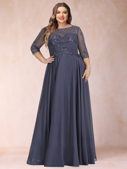 A-Line/Princess Floor-Length Half Sleeves Scoop Plus Size Mother of the Bride Dresses