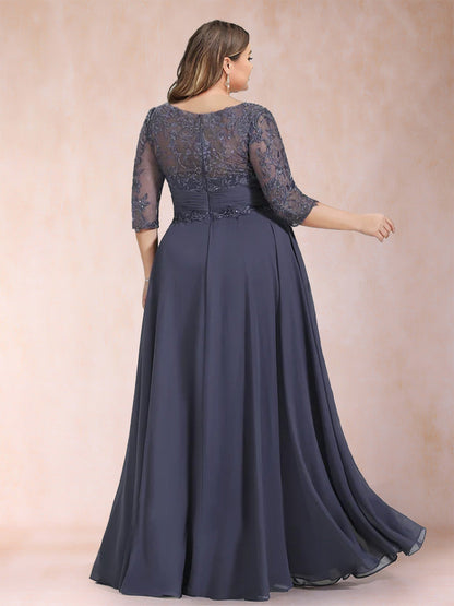 A-Line/Princess Floor-Length Half Sleeves Scoop Plus Size Mother of the Bride Dresses
