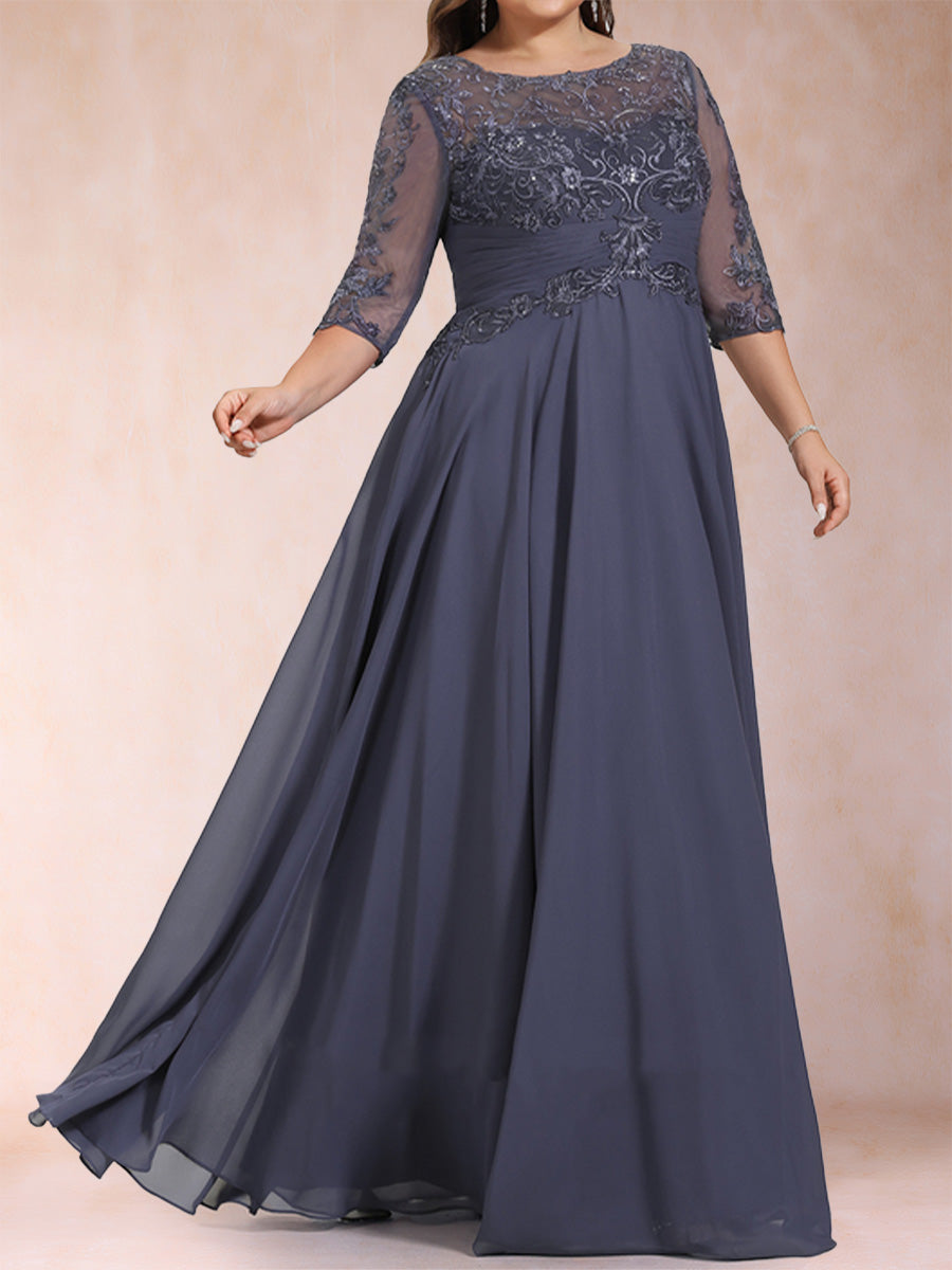 A-Line/Princess Floor-Length Half Sleeves Scoop Plus Size Mother of the Bride Dresses