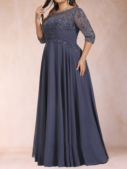 A-Line/Princess Floor-Length Half Sleeves Scoop Plus Size Mother of the Bride Dresses