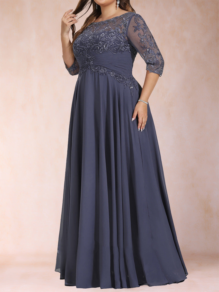 A-Line/Princess Floor-Length Half Sleeves Scoop Plus Size Mother of the Bride Dresses
