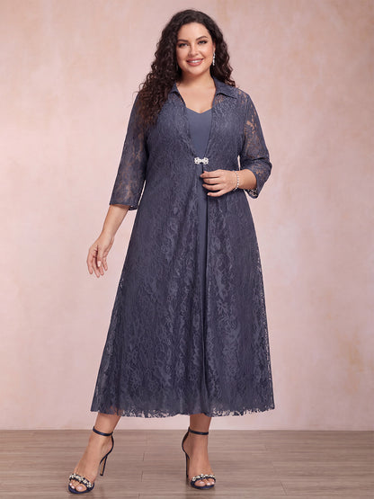 A-Line/Princess Tea-Length 3/4 Sleeves V-Neck Plus Size Mother of the Bride Dresses