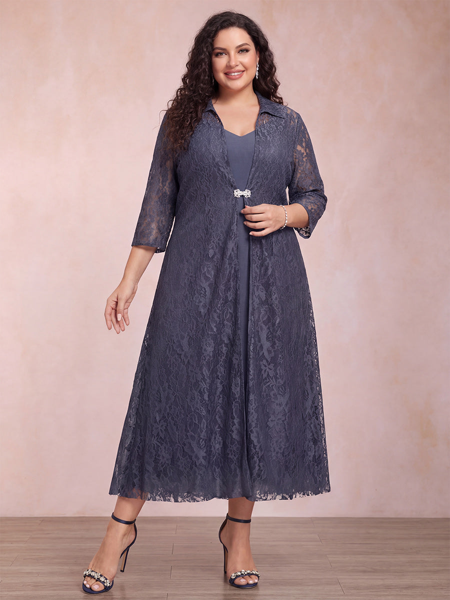 A-Line/Princess Tea-Length 3/4 Sleeves V-Neck Plus Size Mother of the Bride Dresses