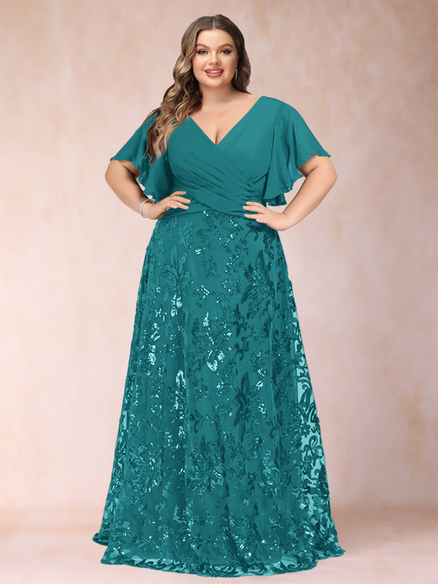 A-Line/Princess Floor-Length Short Sleeves V-Neck Plus Size Mother of the Bride Dresses
