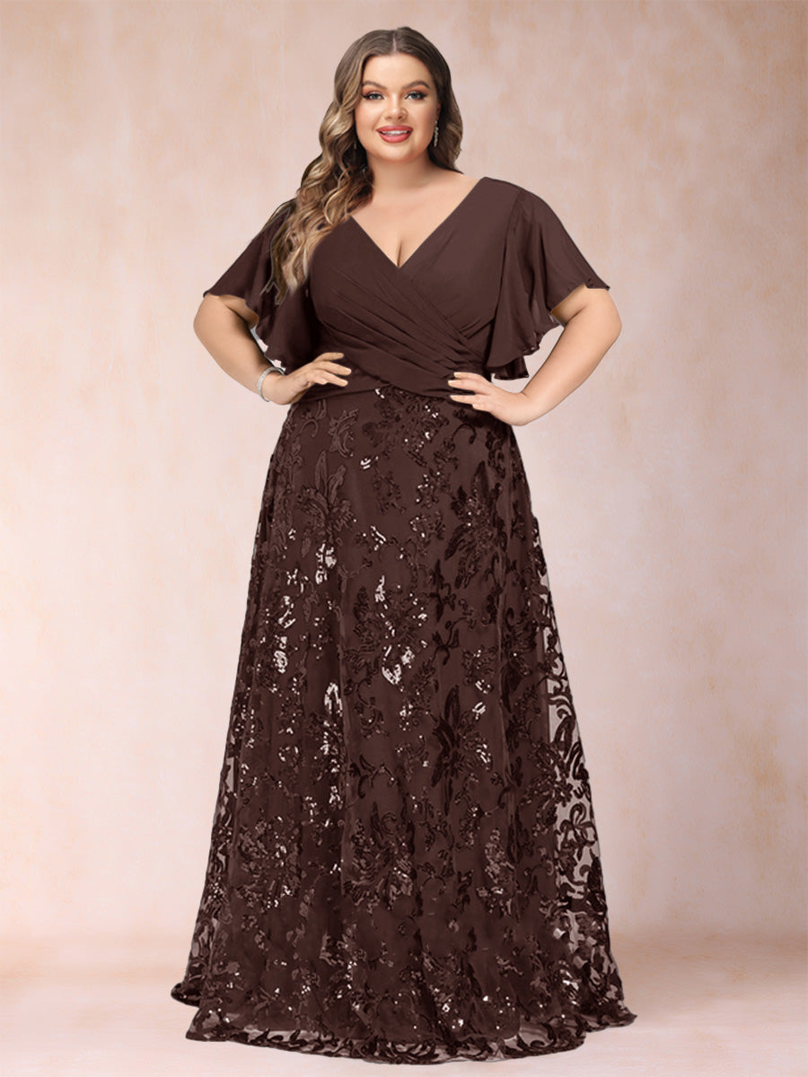 A-Line/Princess Floor-Length Short Sleeves V-Neck Plus Size Mother of the Bride Dresses