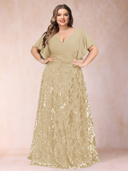 A-Line/Princess Floor-Length Short Sleeves V-Neck Plus Size Mother of the Bride Dresses