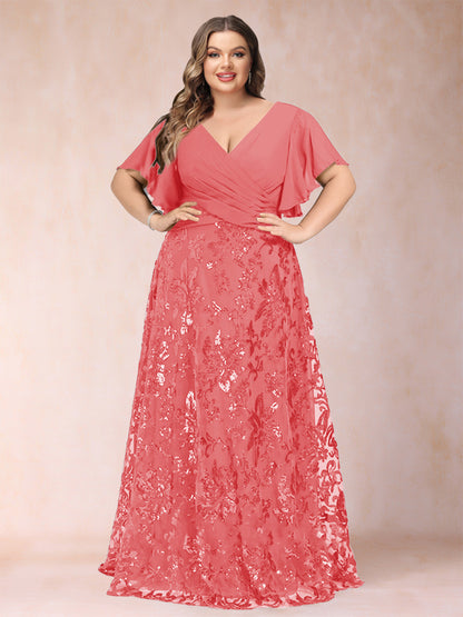 A-Line/Princess Floor-Length Short Sleeves V-Neck Plus Size Mother of the Bride Dresses