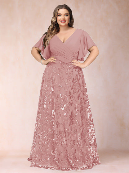 A-Line/Princess Floor-Length Short Sleeves V-Neck Plus Size Mother of the Bride Dresses