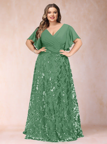 A-Line/Princess Floor-Length Short Sleeves V-Neck Plus Size Mother of the Bride Dresses