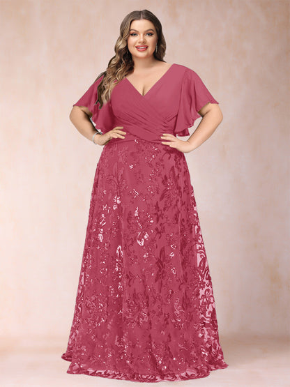 A-Line/Princess Floor-Length Short Sleeves V-Neck Plus Size Mother of the Bride Dresses