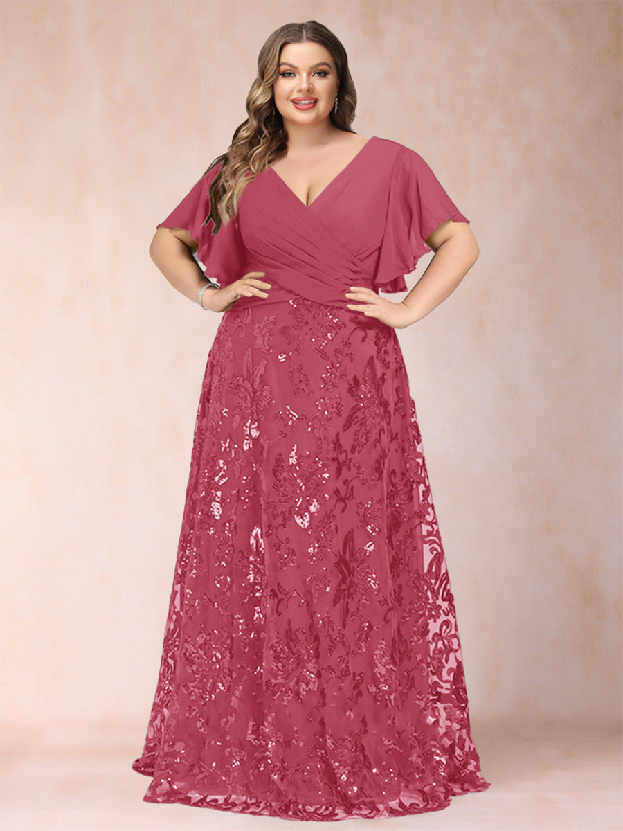 A-Line/Princess Floor-Length Short Sleeves V-Neck Plus Size Mother of the Bride Dresses