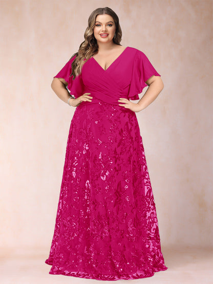 A-Line/Princess Floor-Length Short Sleeves V-Neck Plus Size Mother of the Bride Dresses