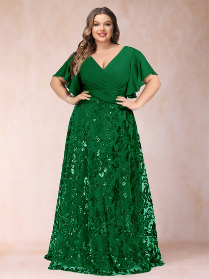 A-Line/Princess Floor-Length Short Sleeves V-Neck Plus Size Mother of the Bride Dresses