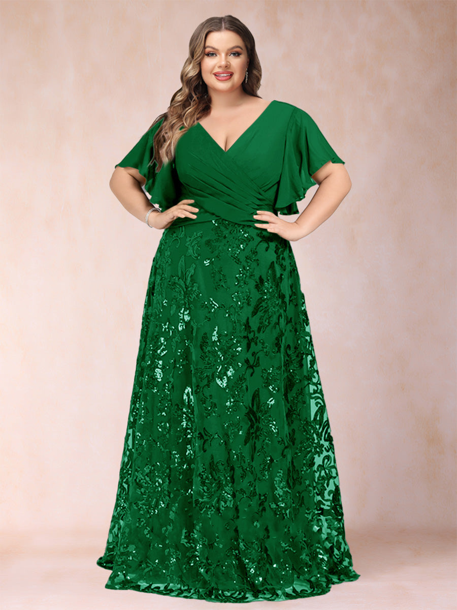 A-Line/Princess Floor-Length Short Sleeves V-Neck Plus Size Mother of the Bride Dresses