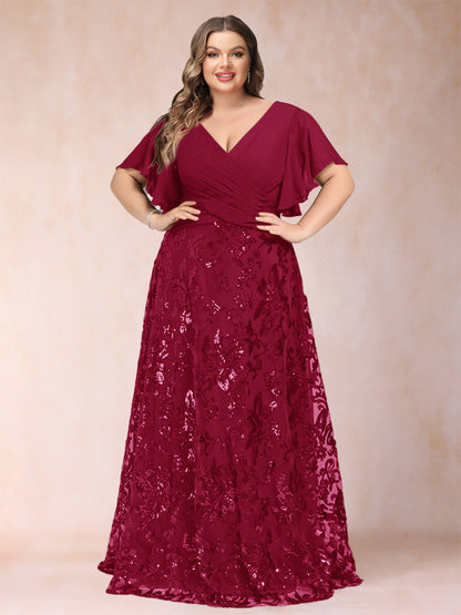 A-Line/Princess Floor-Length Short Sleeves V-Neck Plus Size Mother of the Bride Dresses