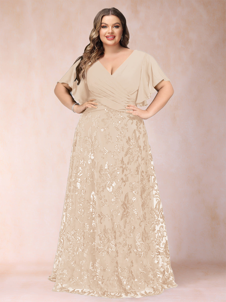 A-Line/Princess Floor-Length Short Sleeves V-Neck Plus Size Mother of the Bride Dresses