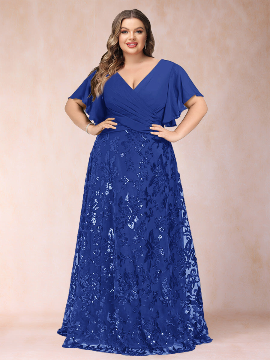 A-Line/Princess Floor-Length Short Sleeves V-Neck Plus Size Mother of the Bride Dresses