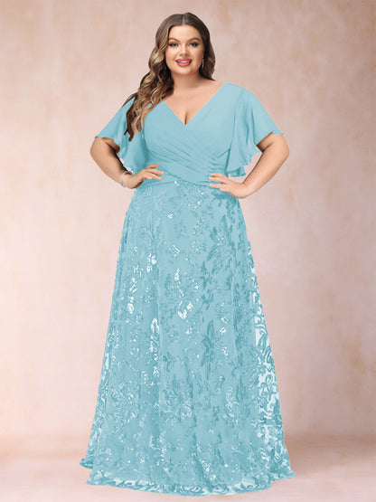 A-Line/Princess Floor-Length Short Sleeves V-Neck Plus Size Mother of the Bride Dresses