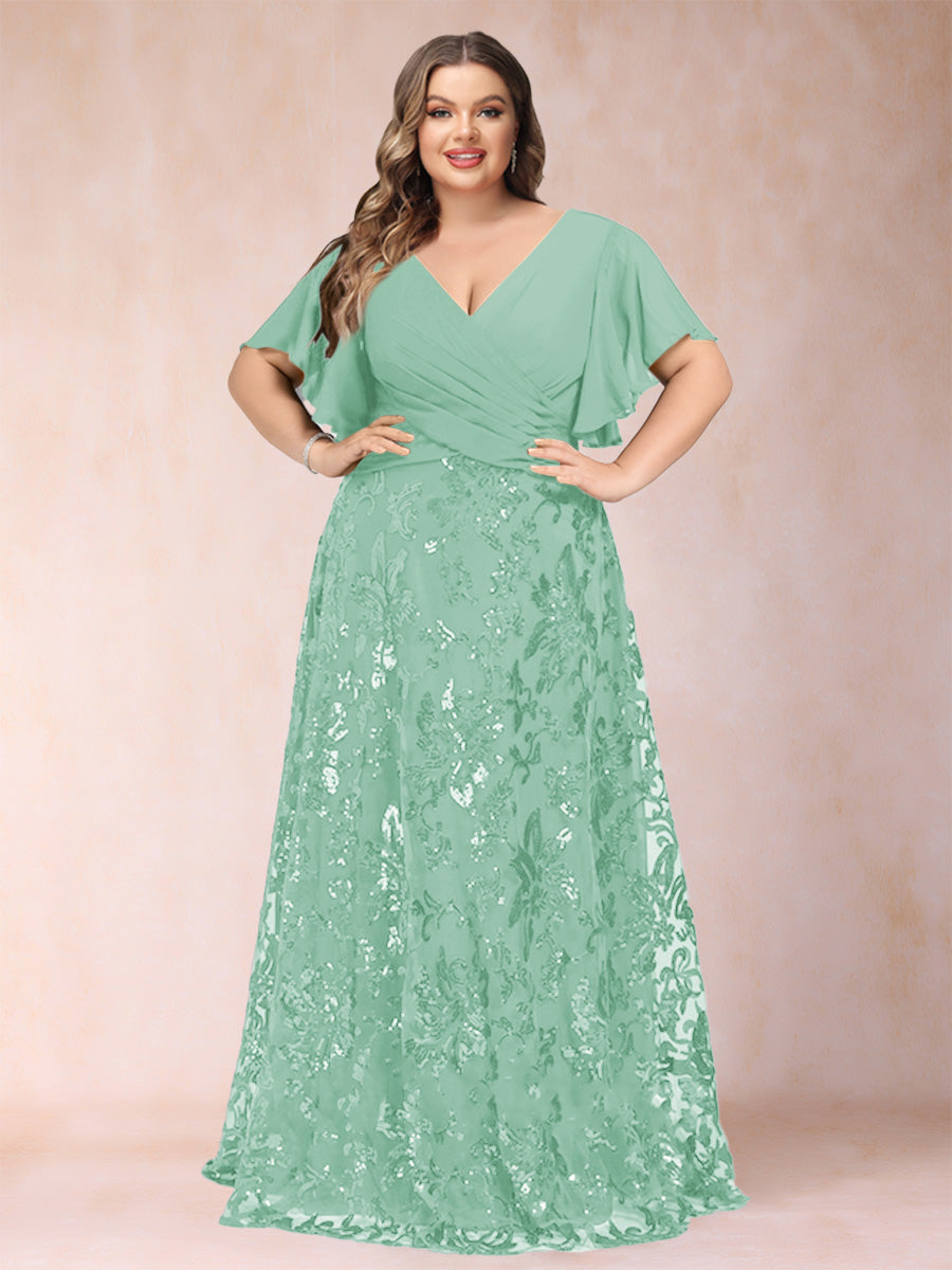 A-Line/Princess Floor-Length Short Sleeves V-Neck Plus Size Mother of the Bride Dresses