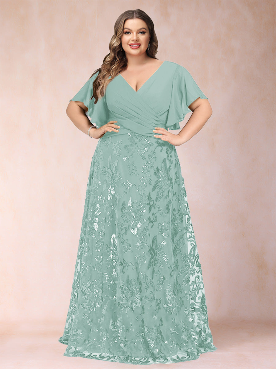 A-Line/Princess Floor-Length Short Sleeves V-Neck Plus Size Mother of the Bride Dresses