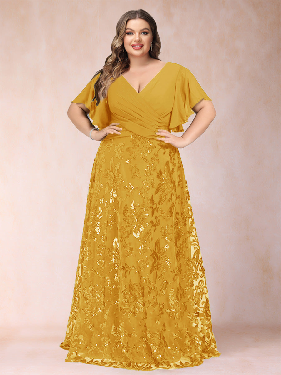 A-Line/Princess Floor-Length Short Sleeves V-Neck Plus Size Mother of the Bride Dresses