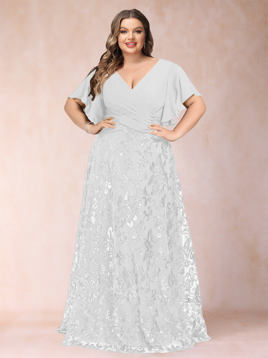 A-Line/Princess Floor-Length Short Sleeves V-Neck Plus Size Mother of the Bride Dresses