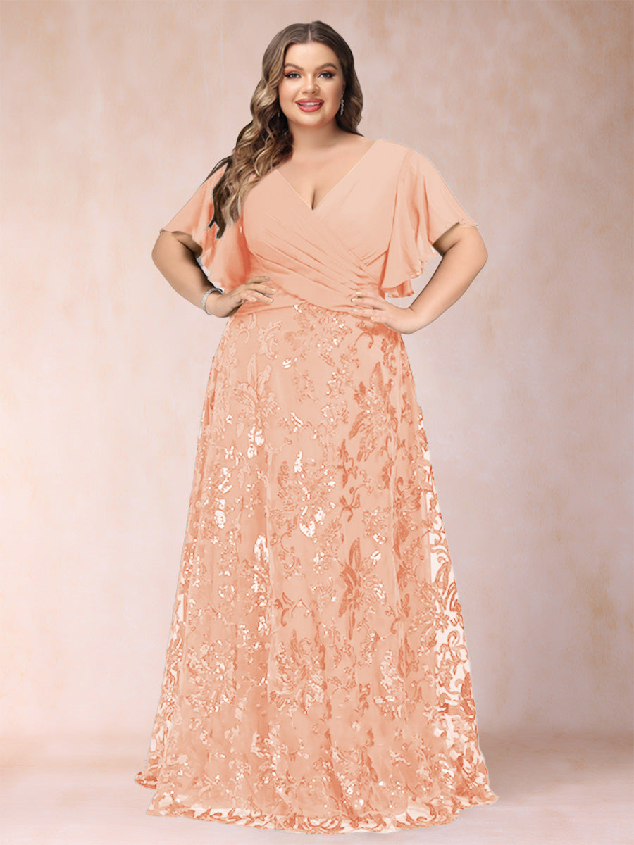 A-Line/Princess Floor-Length Short Sleeves V-Neck Plus Size Mother of the Bride Dresses