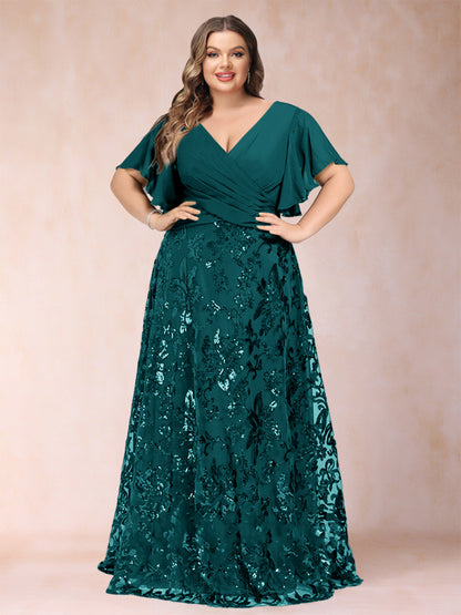 A-Line/Princess Floor-Length Short Sleeves V-Neck Plus Size Mother of the Bride Dresses